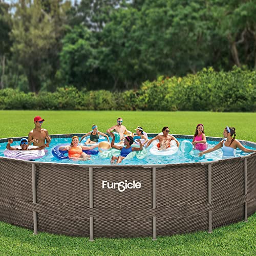 Funsicle 20ft x 48in Round Oasis Designer Above Ground Pool, Dark Double Rattan with SkimmerPlus Filter Pump & Ladder