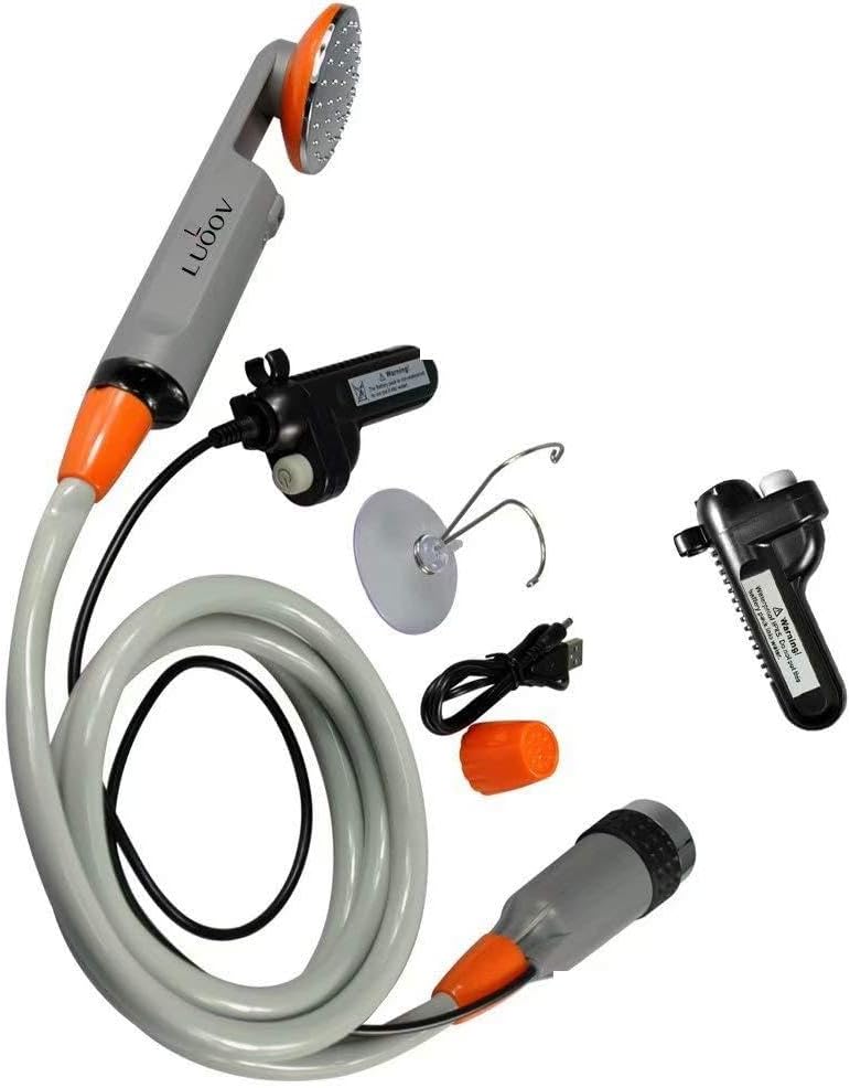 Qbuds Portable Camping Shower, Compact Shower Pump with Dual Detachable USB Rechargeable Batteries, Handheld Outdoor Shower Head for Camping, Hiking, Traveling, Emergency Use(2 Battery)