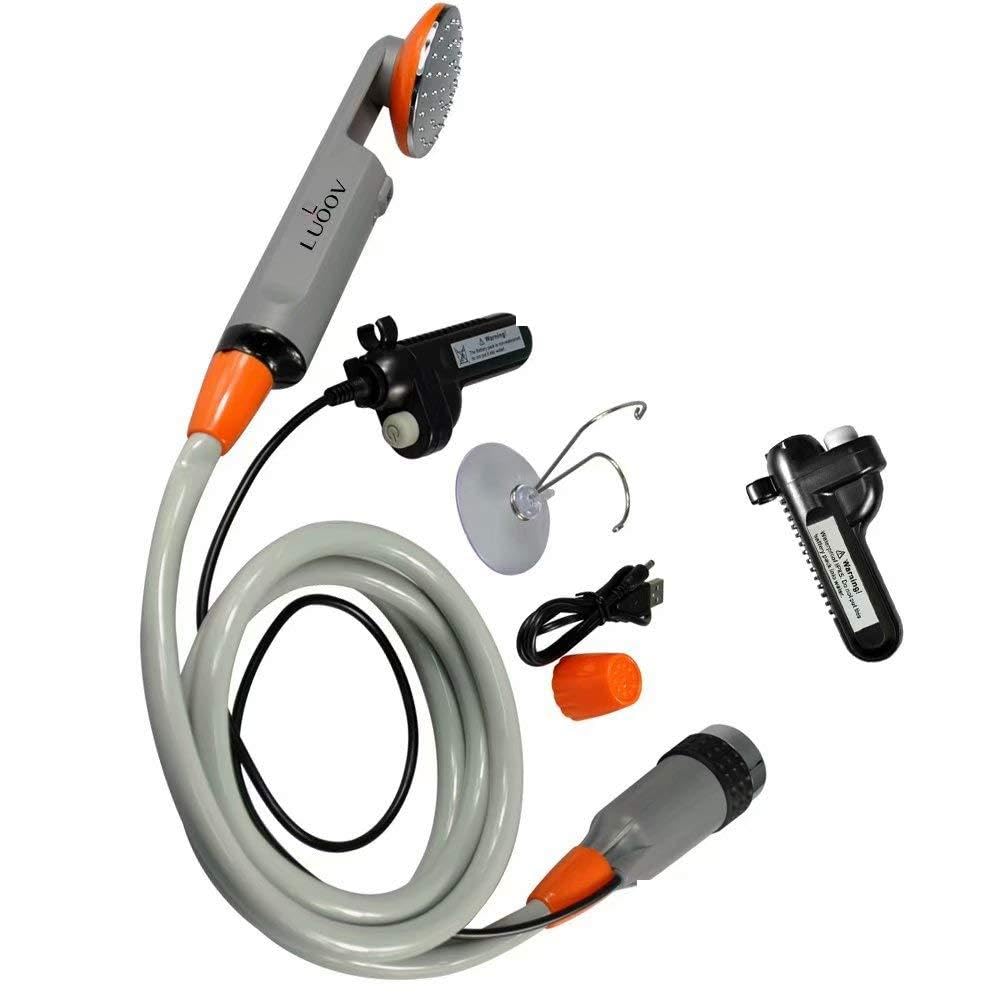 Qbuds Portable Camping Shower, Compact Shower Pump with Dual Detachable USB Rechargeable Batteries, Handheld Outdoor Shower Head for Camping, Hiking, Traveling, Emergency Use (Upgraded)