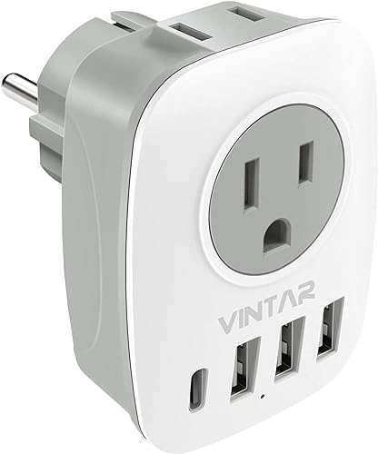 Vista 43 de VINTAR - Adaptador de enchufe de viaje europeo, adaptador de enchufe de alimentación internacional con 1 USB C, 2 salidas de EE. UU. y 3 puertos