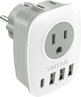 Type E/F Plug Adapter, VINTAR Schuko Germany France Adapter Plug,South Korea Outlet Adapter with 1 USB C,3 USB Ports and 2 Outlets, US to EU Spain Iceland Greece Paris German French Korea
