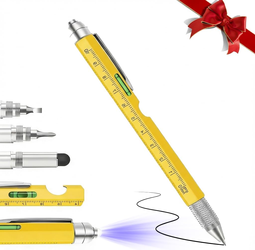 9-in-1 Multitool Pen, Aluminum EDC Tool with LED Light, Stylus, Level for Men