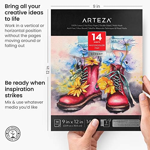 ARTEZA Watercolour Pad,Size 22.9x30.5 cm,14 Sheets,300gsm Watercolour Paper,100% Cotton,Fine-Grained,Hot Press Watercolour Pad for Detailed Work&Line Work,Dries Fast with Vivid Colours