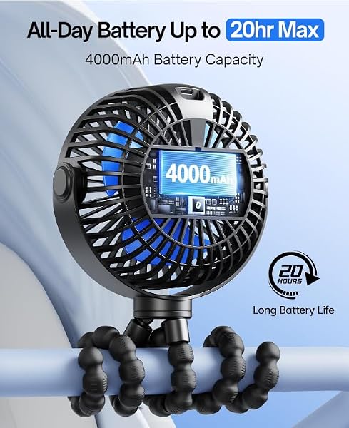 SWEETFULL [2026 Upgrade Portable Stroller Fan with LED Display, 4 Speed Rechargeable Mini Clip On Fan, 360° Rotate Flexible Tripod Better Cooling Small Baby Fan for Car Seat Crib Travel Treadmill - 3