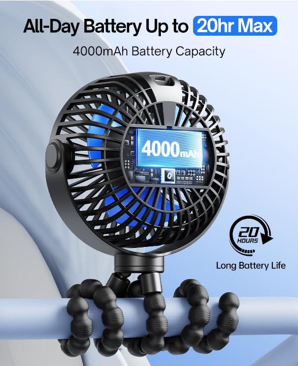 Image of SWEETFULL 4000mAh Portable Stroller Fan with LED Display, 4 Speed Rechargeable Mini Clip On Fan, 360 Rotate Flexible Tripod Better Cooling Small Baby Fan for Car Seat Crib Travel Treadmill
