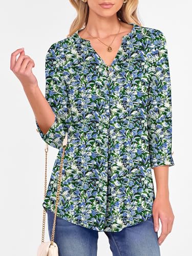 ANRABESS Womens Tops Business Dressy Casual Blouses 3/4 Length Sleeve Shirts 2026 Fall Work Tunic Tee TShirts Office Outfits Blue Green Floral Small — view 3