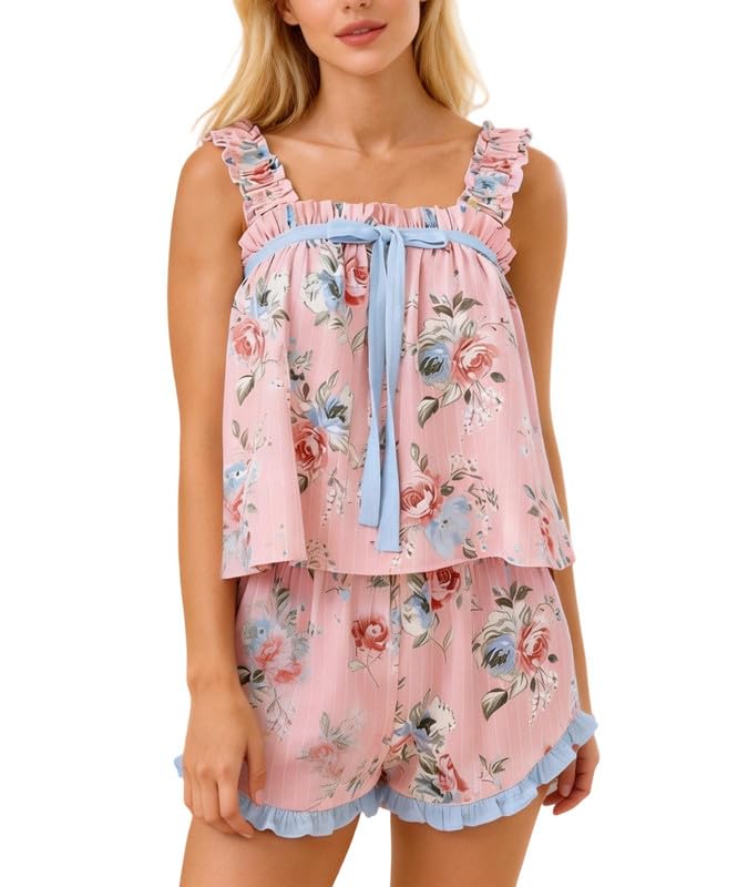 Image of ROAONOCOMO Women Floral Pajama Set Ruffle Babydoll Cami Top Coquette Pj Set Gingham 2 Piece Shorts Outfit Bridal Loungewear