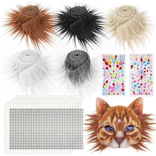 UxClishe Juego de 13 máscaras de gato Therian, tela de fieltro adhesiva de 5 colores con mallas para ojos y calcomanías de gemas para máscara de gato DIY