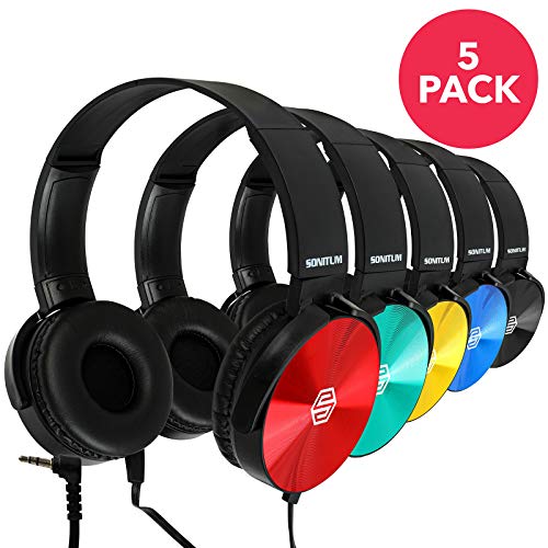 Kids-Headphones-Bulk-5-Pack-Student-On-Ear-Color-Varieties-Comfy-Swivel-Earphones-for-Classroom-Library-School-Airplane-for-Online-Learning-and-Travel-Noise-Stereo-Sound-35mm-Jack-Colorful