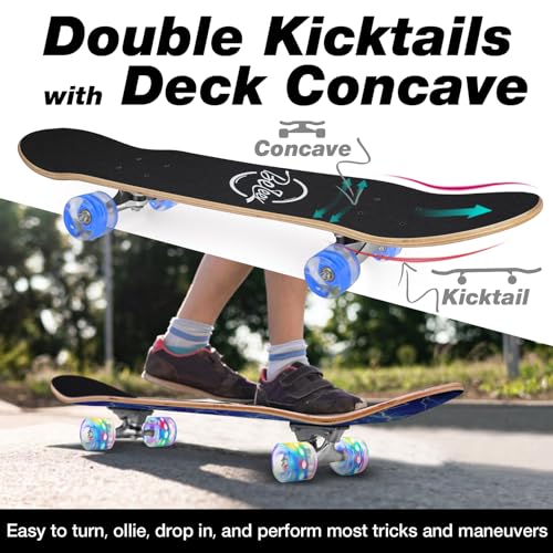 Image of BELEEV Skateboards for Beginners, 31 x 8 inch Complete Skateboard for Kids Teens Adults, 7 Layer Canadian Maple Double Kick Deck Concave Cruiser Trick Skateboard with Multifunction Skate T-Tool