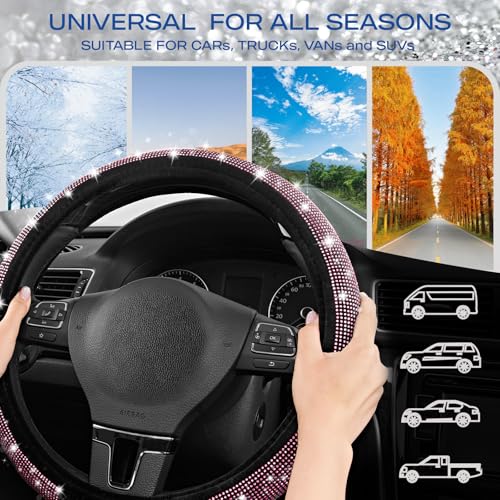 Skechers Women’s Bling Steering Wheel Cover, Velvet with Sparkly Crystal Rhinestones, Stylish Car Interior Gift, Universal Fit 14" 1/2-15" for Cars, SUVs, Trucks, Pink Diamond by Skechers - Image 6