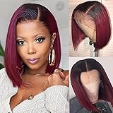 SUPERNOVA 1B/99J Burgundy Ombre 13x4 Lace Front Wig Straight Human Hair Bob Hair Wigs for Black Women Human Hair with Baby Hair 150% Density Hair(12inch,Bob Wig)
