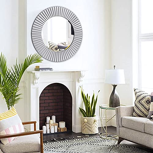 Chende Modern Wall Mirrors Decorative, 30'' Silver Mirror With Wooden Frame, Large Round Accent Mirror For Living Room, Dining Room #TOP3