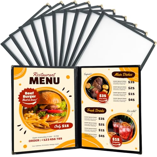 FLK Tech 8.5 x 11 Inch Menu Covers, 10 Pack 2 Page 4 View Menu Holder, Restaurant Menu Cover Fits 8 1/2