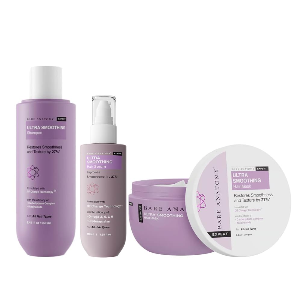 Bare Anatomy Ultra Smoothing Shampoo + Hair Mask + Serum Kit | Restores Smoothing & Texture by 27% | Carbohydrate Complex & Niacinamide | Dry & Frizzy Hair | Paraben & Sulphate Free | Women & Men | 250ml + 250g + 100ml