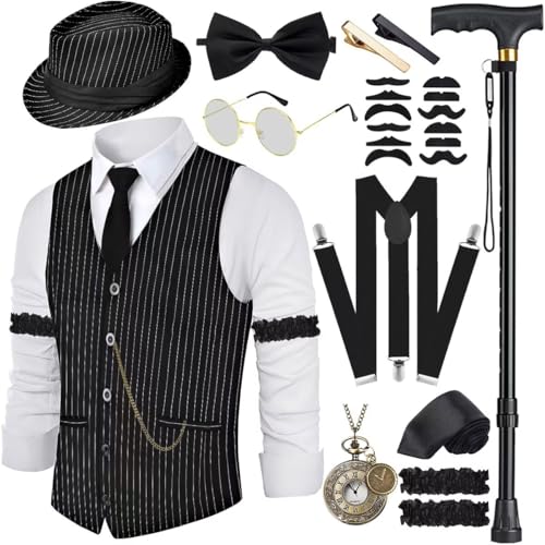 VillbeCoser 1920s Mens Costume Roaring 20s Costumes Accessories Set 1920s Vest Suspenders Hat Pocket Watch Tie (StreakBlack-2XL)