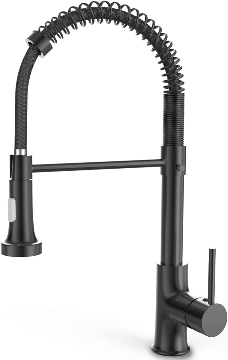 OWill Black Kitchen Taps Mixer with Pull Out Spray High Arc Single Handle Spring, 360° Swivel Modern Stainless Steel Sink Taps for Camper Laundry Utility Rv Wet Bar
