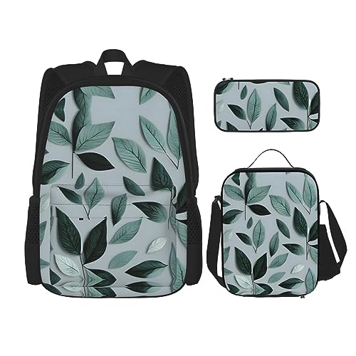 BrUgui Mint Gray Leaf 3Pcs Backpack Sets Including casual backpacks Pencil Case and Lunch Bag Large Waterproof capacity