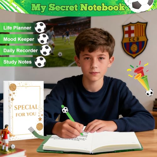 Tagebuch mit Schloss, Tagebuch Jungs Kinder, Notizbuch Kinder, Schulanfang Geburtstag Geschenke für Jungen 8 9 10 11 12 13 14 15 16 Jahre, Fußball Tagebücher mit Code für Teenager Erwachsene Mädchen