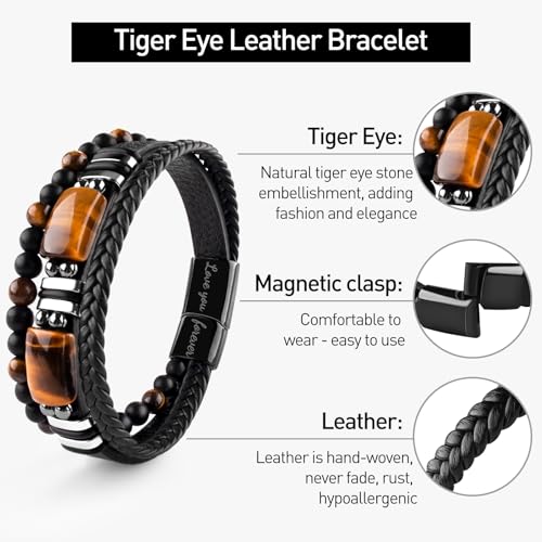 ZZLTAWS Mens Leather Tiger Eye Bracelet Natural Black Obsidian Crystal Stone Beads Protection Bracelet Set Stainless Steel Engraved Love You Forever Jewelry for Men (Black) by ZZLTAWS - Used condition - Image 3