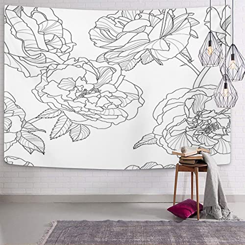 Emvency Tapestry Grey Line Floral Black White Outline Rose Flowers Design Linear Home Decor Wall Hanging Living Room Bedroom Dorm 60X80 Inches #TOP5