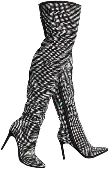 AKIRA Women's All Over Diamond Rhinestone Stripe Front Slouchy Thigh High Stiletto Boots-BLACK_10