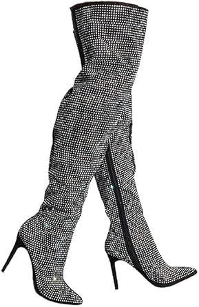AKIRA Womens All Over Diamond Rhinestone Stripe Front Slouchy Thigh High Stiletto Boots-BLACK_8.5