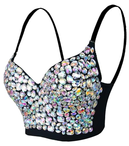 atokiss Women's Sexy Rhinestone Bustier Push Up Crop Top Club Party Glitter Gemstone Corset Top Bra