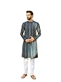 See Designs Men Full Sleeve Teal And Gold Chanderi Silk Sequins Mandarin Collar Side Slit Kurta With Pyjama - SDKT242801