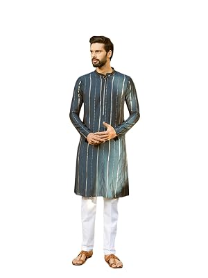 See Designs Men Full Sleeve Teal And Gold Chanderi Silk Sequins Mandarin Collar Side Slit Kurta With Pyjama - SDKT242801