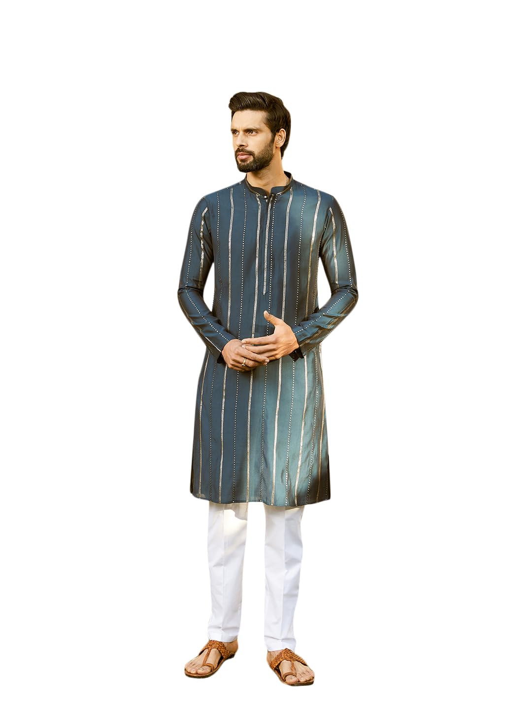 See Designs Men Full Sleeve Teal And Gold Chanderi Silk Sequins Mandarin Collar Side Slit Kurta - Sdkt2428L