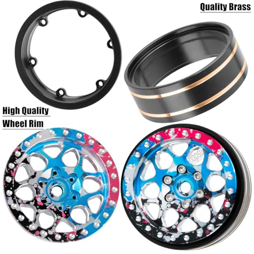 hopsupRC 1.3\" Wheel Tires for 1/18 1/24 Trx4m SCX24 RC Crawler,(4PCS),1.3 BeadlockAluminum RC Wheel Rims Brass Rings All Terrain RC Tires,Colour