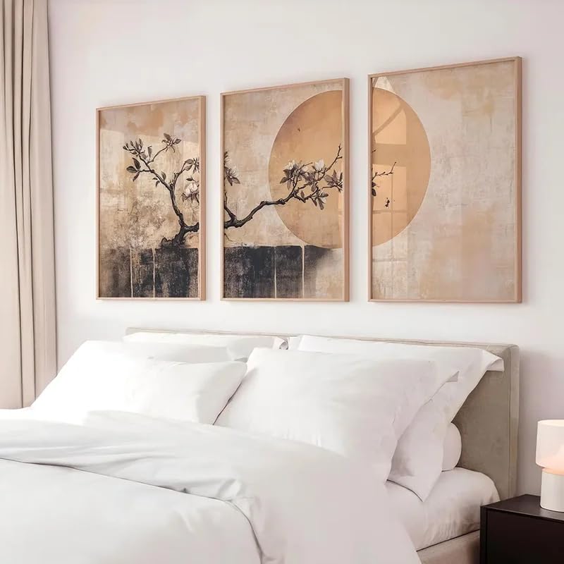 Tableau arbre soleil abstrait triptyque mural marron 40x60cm - 4