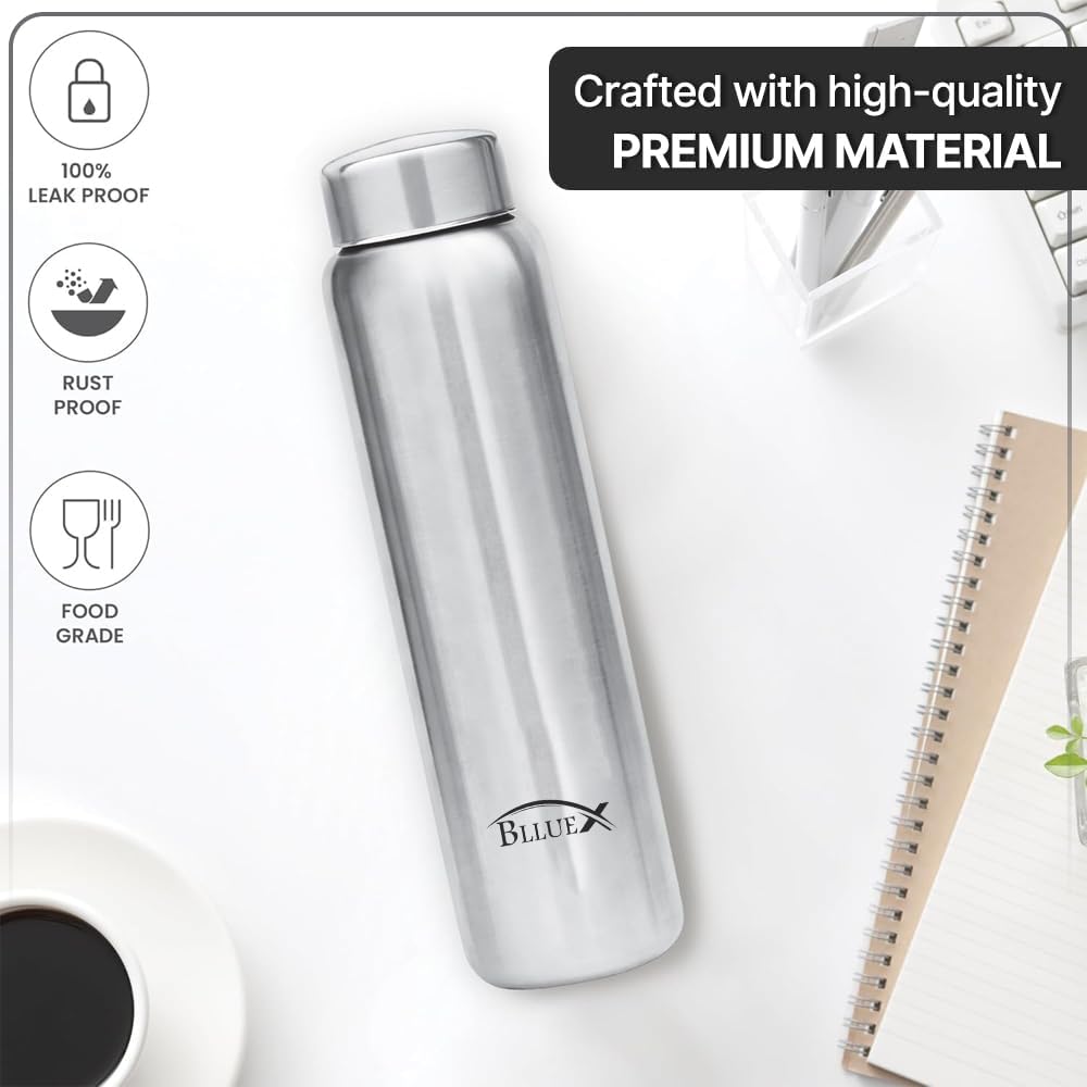Super 1000 Stainless Steel Water Bottle 1000ml | Single Wall | Leak-Proof Lid, Rust-Free | ISI Certified | BPA-Free | For School, Office, Gym, Travel | Silver (Simple Bottle)