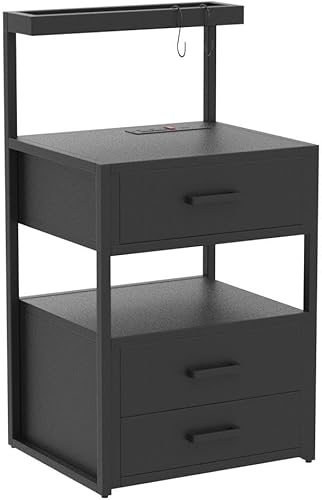 Miniatura 5 de AOGLLATI Nightstand Set of 2 with Charging Station and LED Lights, Bedside Table with 3 Drawers and Open Storage Shelves, 2 USB Ports and 2 AC