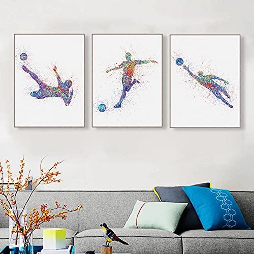 Aquarelle football mur art toile 60x90cm x3 sans cadre pour deco salon