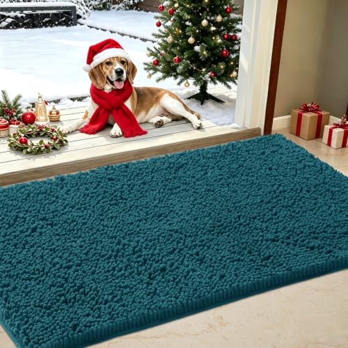 Chenille Absorbent Indoor Door Mat for Rainy Days 30" x 20", Keep Rain Outside, Washable Entry Rug for Wet Shoes, Muddy Paw Mat for Rainy Weather, Non‑Slip Outdoor Doormat for Entryway, Teal Blue