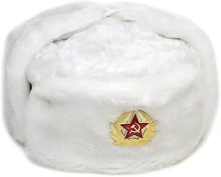 New Russian Trapper HAT with Soviet Badge Faux Fur Ushanka Cossack Flaps (L (58-59 cm) White)