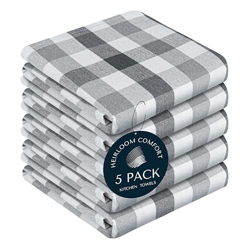 HEIRLOOM COMFORT Gingham Check Kitchen Towels 5 Pack, 18"x26", 100% Cotton, Super Absorbent & Quick Dry, Durable Dish Towel for Drying Dishes, Machine Washable, Everyday Use - Dark Grey, Light Gray
