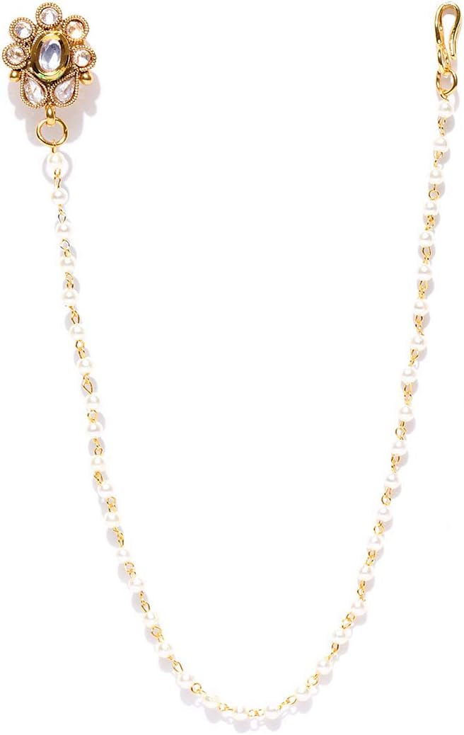 Priyaasi Kundan Nose Pin for Women with Pearl Chain | Plating of Gold | Nath for Women | Floral Design | Bridal Nath for Wedding | Nose Pin without Piercing