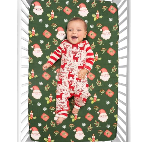 Image of Cloele Christmas Santa Crib Fitted Sheet for Boys Girls - Green Baby Nursery Sheet Cozy Bed Sheet for Standard Crib and Toddler Mattresses Crib Mattress Infant Sheet