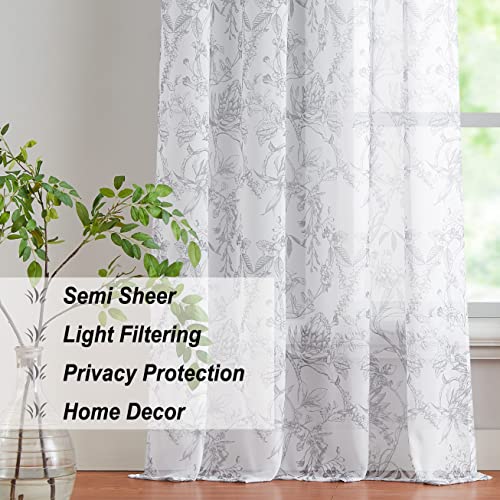 Grey White Sheer Curtains 84" Long Living Room Floral Leaves Print Chiffon Voile Window Curtain Sets Semi-Sheer Drapes Not See Through Botanical Window Treatments For Bedroom, Grommet Top, 2 Panels #TOP5