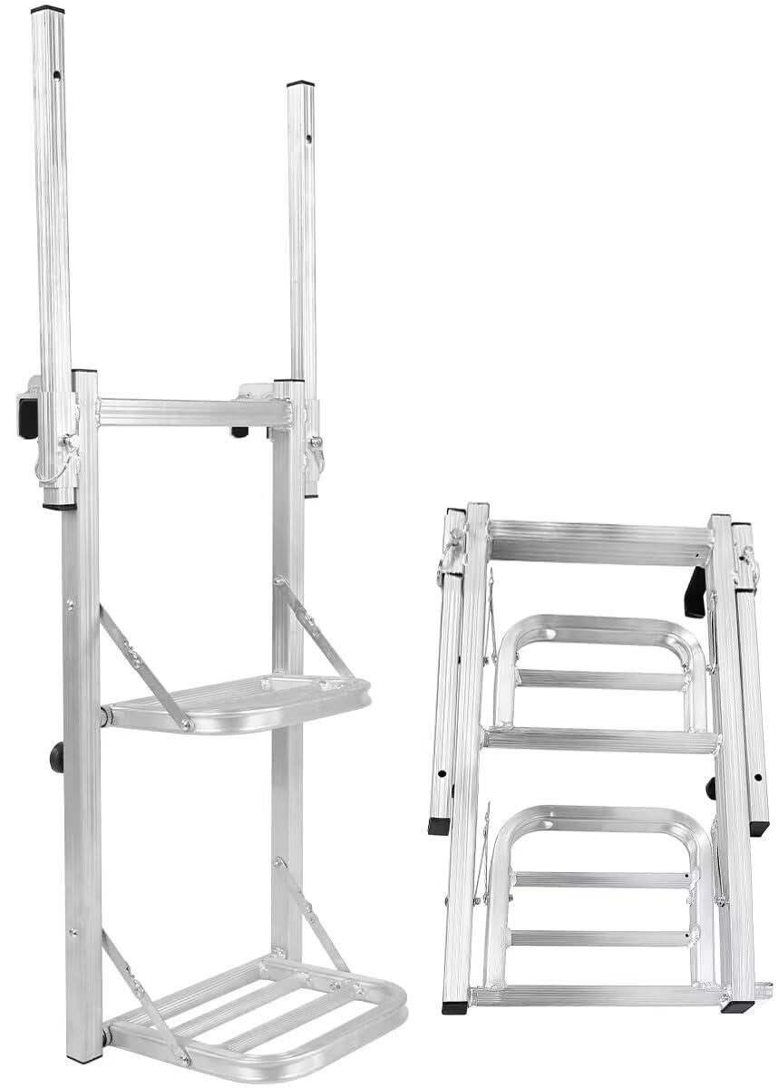 EastEamily トラック用荷台はしご 2段 トラックラダー アルミ製 耐荷重180kg 高さ75cm 折り畳み トラック昇降ステップ ポータブル トラックステッパー 荷台ステップ 昇降設備 完成品 組み立て不要(シルバー,43.5x26.3x75cm)