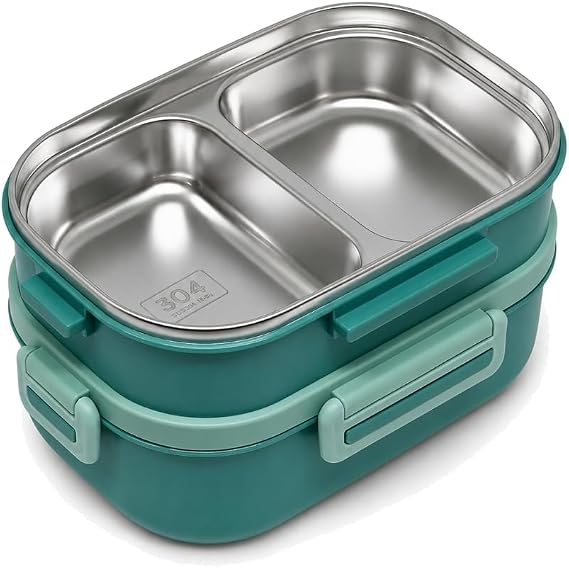 1650 ml 2 Katlı 3 Bölmeli Paslanmaz Çelik Bento Yemek Kabı ve Beslenme Kutusu, Çatal Kaşıklı, Okul Ofis Kamp ve Seyahat İçin Taşınabilir Yeşil Lunch Box Sefer Tası