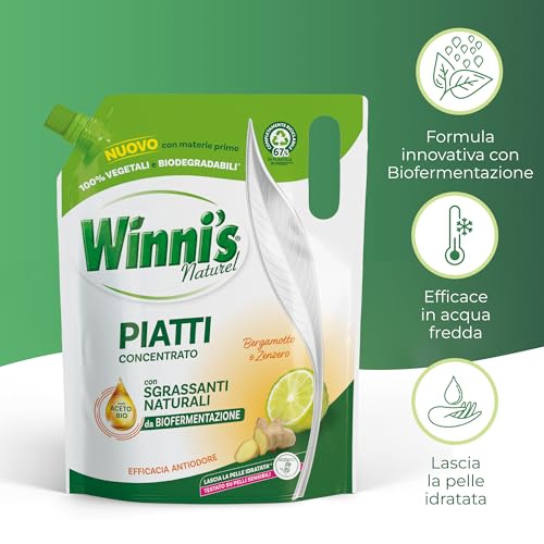 Winni's - Detersivo Piatti e Stoviglie a Mano, Bergamotto e Zenzero, Concentrato, Ipoallergenico, con Sgrassanti Naturali da Biofermentazione, Materie Prime di Origine Vegetale, 900 ml x 8 Confezioni - Immagine 1