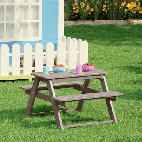 WestinTrends Malibu Outdoor Patio Kids HDPE Plastic Picnic Bench Table, Weathered Wood