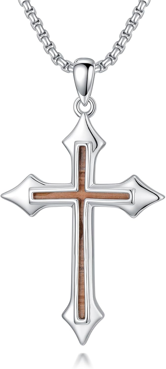 S925 Sterling Silver Wooden Cross Necklace for Men and Women Religious Cross Pendant Birthday Christmas Christening Jewelry
