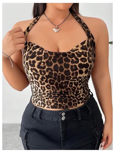 WDIRARA Women's Plus Size Leopard Print Ruched Halter Crop Tops Cowl Neck Tie Back Sleeveless Cami Tops3
