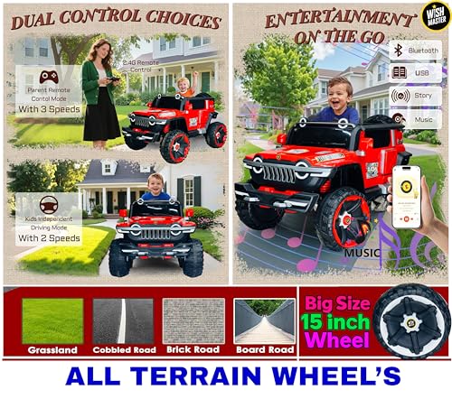 Image of Wishmaster Big Size 1166 Kids Jeep Ride On Car | Electric Battery Operated EV for 2-10 Year Boys & Girls | Remote Control + Steering + Mobile App | 4 Motor Drive, LED Lights, Bluetooth Music
