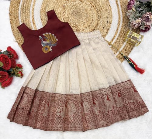 Image of Girls South Indian Pattu Pavadai | Traditional Jacquard Silk Lehenga Choli Set